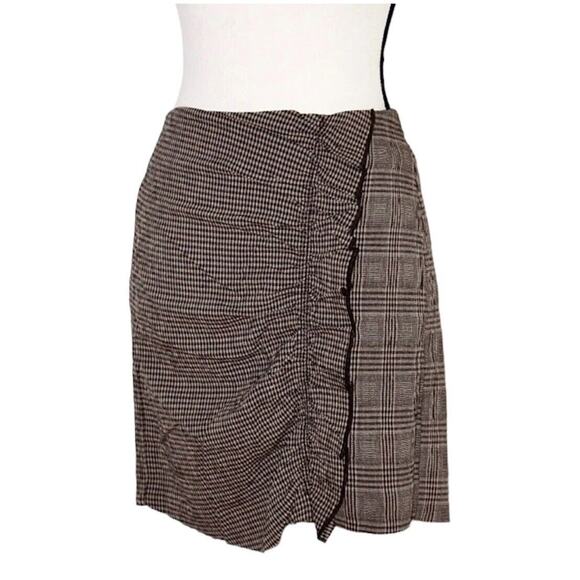 Mango Brown Plaid Checkerboard Mix Fabric Side Ruffle ALine Back Zip Skirt Med - Picture 1 of 11